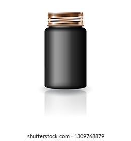 Black medicine round bottle with copper screw cap lid for beauty or healthy product. Isolated on white background with reflection shadow. Ready to use for package design. Vector illustration.