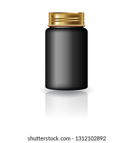 Black medicine round bottle with gold screw cap lid for beauty or healthy product. Isolated on white background with reflection shadow. Ready to use for package design. Vector illustration.