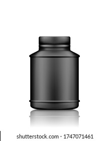 Black medicine or supplement bottle mockup isolated on white background. Plastic package design. Blank fitness or dietary nutrition, healthcare template. 3d realistic vector illustration