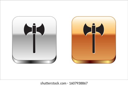 Black Medieval axe icon isolated on white background. Battle axe, executioner axe. Silver-gold square button. Vector Illustration
