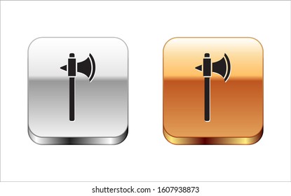 Black Medieval axe icon isolated on white background. Battle axe, executioner axe. Silver-gold square button. Vector Illustration