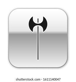 Black Medieval axe icon isolated on white background. Battle axe, executioner axe. Medieval weapon. Silver square button. Vector Illustration