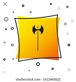 Black Medieval axe icon isolated on white background. Battle axe, executioner axe. Medieval weapon. Yellow square button. Vector Illustration