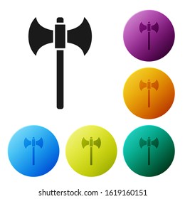 Black Medieval axe icon isolated on white background. Battle axe, executioner axe. Set icons colorful circle buttons. Vector Illustration