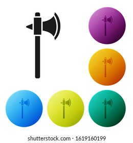 Black Medieval axe icon isolated on white background. Battle axe, executioner axe. Set icons colorful circle buttons. Vector Illustration