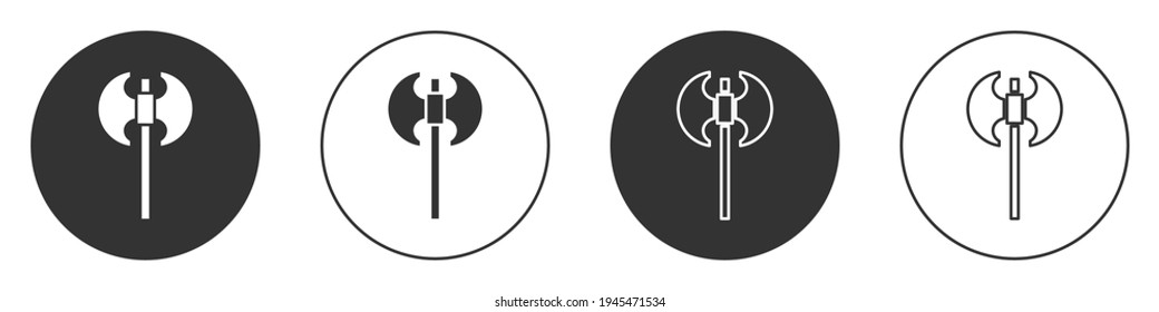 Schwarz Mittelalterliche Axt Symbol einzeln auf weißem Hintergrund. Schlacht Axt, Scharfrichter Axt. Mittelalterliche Waffe. Circle Button. Vektorgrafik