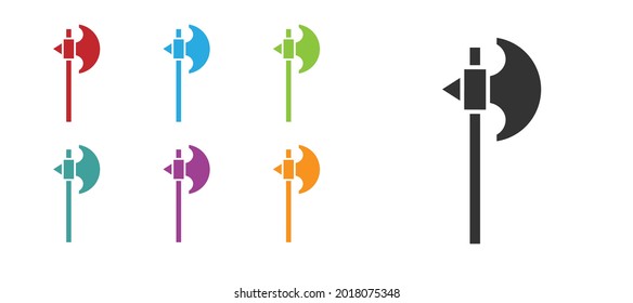 Icono de hacha medieval negro aislado en fondo blanco. Battle ax, verdugo hacha. arma medieval. Indique los iconos en colores. Vector