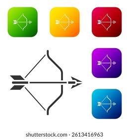 Black Medieval bow and arrow icon isolated on white background. Medieval weapon. Set icons in color square buttons. Vector
