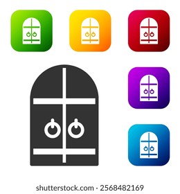 Black Medieval castle gate icon isolated on white background. Medieval fortress. Protection from enemies. Set icons in color square buttons. Vector