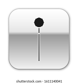 Black Medieval chained mace ball icon isolated on white background. Medieval weapon. Silver square button. Vector Illustration