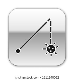 Black Medieval chained mace ball icon isolated on white background. Medieval weapon. Silver square button. Vector Illustration