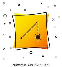 Black Medieval chained mace ball icon isolated on white background. Medieval weapon. Yellow square button. Vector Illustration