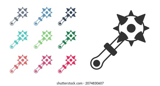 Black Medieval chained mace ball icon isolated on white background. Morgenstern medieval weapon or mace with spikes. Set icons colorful. Vector