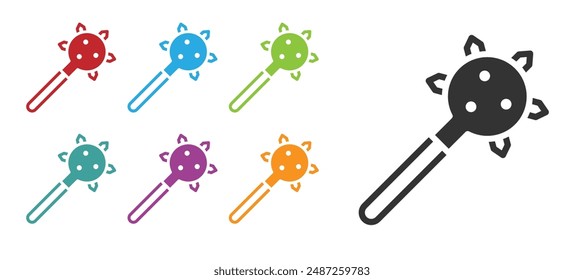 Icono de bola de macizo encadenado medieval negro aislado sobre fondo blanco. Arma medieval Morgenstern o maza con picos. Establecer iconos coloridos. Vector