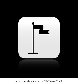 Black Medieval flag icon isolated on black background. Country, state, or territory ruled by a king or queen. Silver square button. Vector Illustration