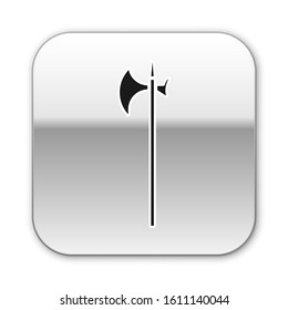 Black Medieval halberd icon isolated on white background. Medieval weapon. Silver square button. Vector Illustration