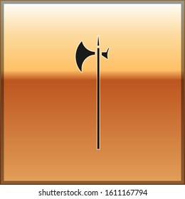 Black Medieval halberd icon isolated on gold background. Medieval weapon.  Vector Illustration