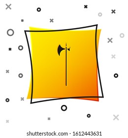 Black Medieval halberd icon isolated on white background. Medieval weapon. Yellow square button. Vector Illustration