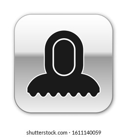 Black Medieval hood icon isolated on white background. Hooded sweatshirt. Silver square button. Vector Illustration