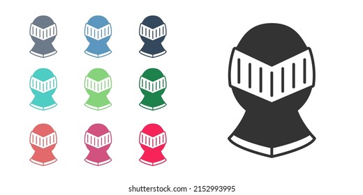 Black Medieval iron helmet for head protection icon isolated on white background. Knight helmet. Set icons colorful. Vector