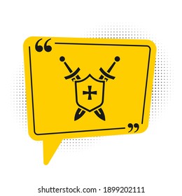 Black Medieval shield with crossed swords icon isolated on white background. Yellow speech bubble symbol. Vector