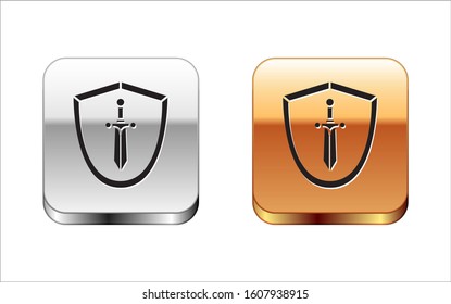 Black Medieval shield with sword icon isolated on white background. Silver-gold square button. Vector Illustration