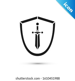 Black Medieval shield with sword icon isolated on white background.  Vector Illustration