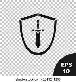 Black Medieval shield with sword icon isolated on transparent background.  Vector Illustration