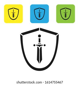 Black Medieval shield with sword icon isolated on white background. Set icons colorful square buttons. Vector Illustration