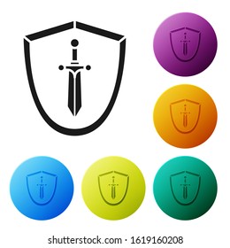 Black Medieval shield with sword icon isolated on white background. Set icons colorful circle buttons. Vector Illustration