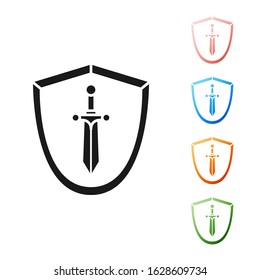 Black Medieval shield with sword icon isolated on white background. Set icons colorful. Vector Illustration