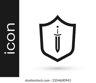Black Medieval shield with sword icon isolated on white background.  Vector