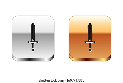 Black Medieval sword icon isolated on white background. Silver-gold square button. Vector Illustration