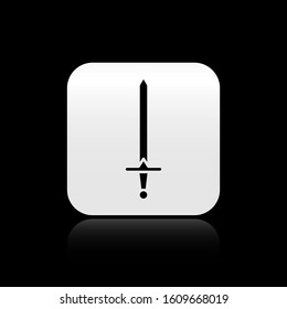 Black Medieval sword icon isolated on black background. Medieval weapon. Silver square button. Vector Illustration