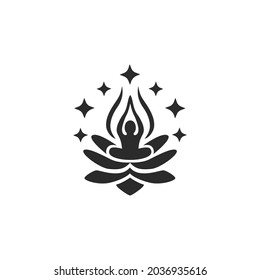 Black meditation icon on white background. Creative logotype for wellness, relaxation and healthcare business. Silhouette logo template with a blossom and human doing yoga pose for massage salon. 