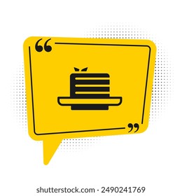 Black Medovik icon isolated on white background. Honey layered cake or russian cake Medovik on plate. Yellow speech bubble symbol. Vector