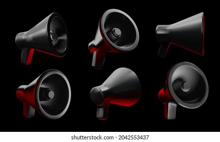 Black megaphone. 3D promotion megaphpnes, loudspeaker vector illustration set