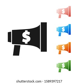 Black Megaphone and dollar icon isolated on white background. Loud speach alert concept. Bullhorn for Mouthpiece scream promotion. Set icons colorful. Vector Illustration