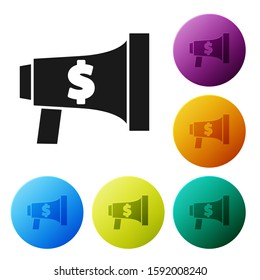 Black Megaphone and dollar icon isolated on white background. Loud speach alert concept. Bullhorn for Mouthpiece scream promotion. Set icons colorful circle buttons. Vector Illustration