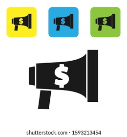 Black Megaphone and dollar icon isolated on white background. Loud speach alert concept. Bullhorn for Mouthpiece scream promotion. Set icons colorful square buttons. Vector Illustration