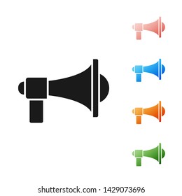 Black Megaphone icon isolated on white background. Loud speach alert concept. Bullhorn for Mouthpiece scream promotion. Set icons colorful. Vector Illustration