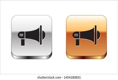 Black Megaphone icon isolated on white background. Loud speach alert concept. Bullhorn for Mouthpiece scream promotion. Silver-gold square button. Vector Illustration