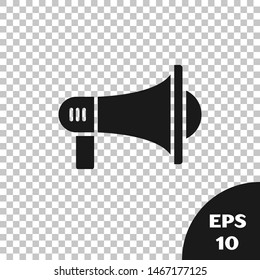 Black Megaphone icon isolated on transparent background. Loud speach alert concept. Bullhorn for Mouthpiece scream promotion.  Vector Illustration