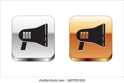 Black Megaphone icon isolated on white background. Loud speach alert concept. Bullhorn for Mouthpiece scream promotion. Silver-gold square button. Vector Illustration