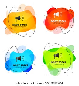 Black Megaphone icon isolated on white background. Loud speach alert concept. Bullhorn for Mouthpiece scream promotion. Set abstract banner with liquid shapes. Vector Illustration