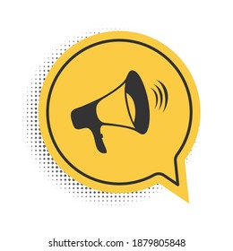 Black Megaphone icon isolated on white background. Yellow speech bubble symbol. Vector.