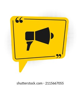 Black Megaphone icon isolated on white background. Speaker sign. Yellow speech bubble symbol. Vector Illustration