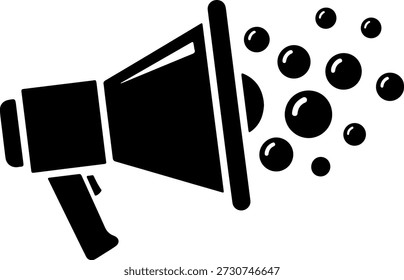 Un icono de megáfono negro con burbujas de voz que emanan de él, situado sobre un fondo blanco puro, que representa la comunicación y el habla pública en un diseño simple e icónico.