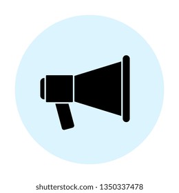 black megaphone icon. vector audio, music, voice, sound symbol in blue circle on white background. eps 10