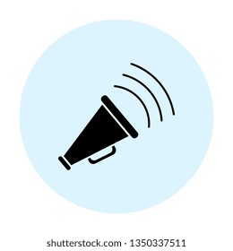 black megaphone icon. vector audio, music, voice, sound symbol in blue circle on white background. eps 10